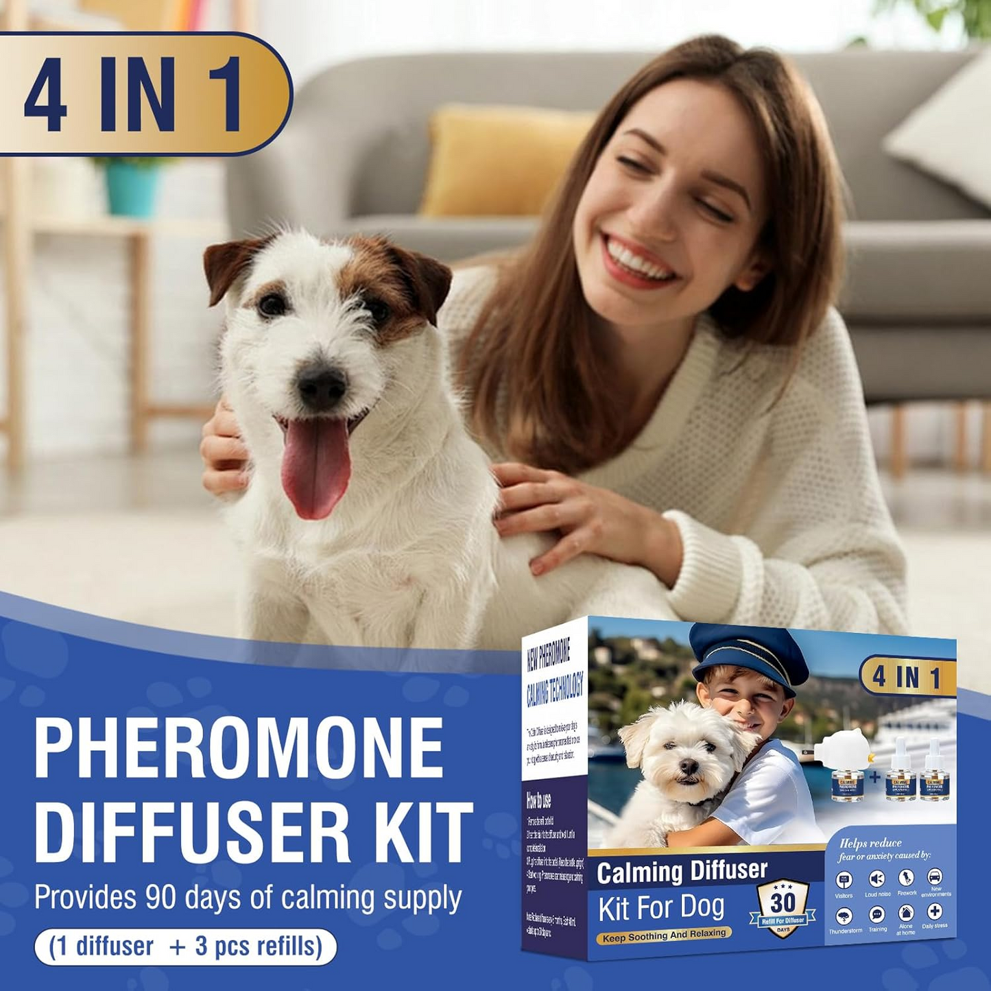 Dog Pheromone Calming Diffuser 4 In 1 Appeasing Pet Pheromones Diffuser to Calm Kit (Plug in+ 3 Pack 48ml Refill) for Anxiety Relief Reduce Barking Aggression Fighting Stress 90 Day Supply(Tasteless)