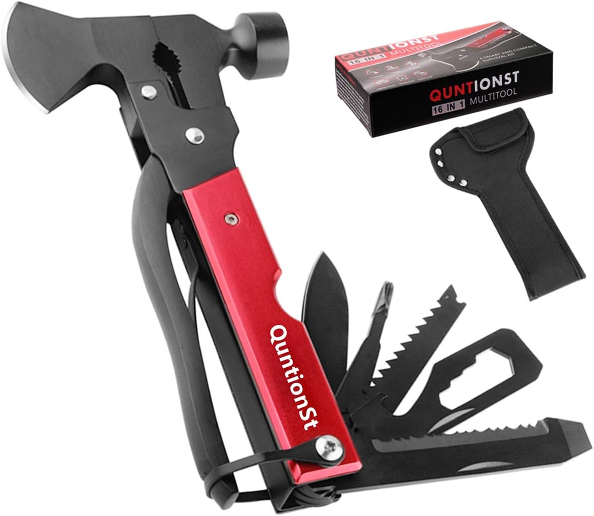Camping Equipment Multifunctional Tool, Men's Stocking Stuffer, Christmas Gift for Men, for Fathers, Husbands and Boyfriends. 16-in-1 Camping Accessories Multifunctional Tool Axe, with an axe, a hammer, pliers, a knife, and a bottle opener.