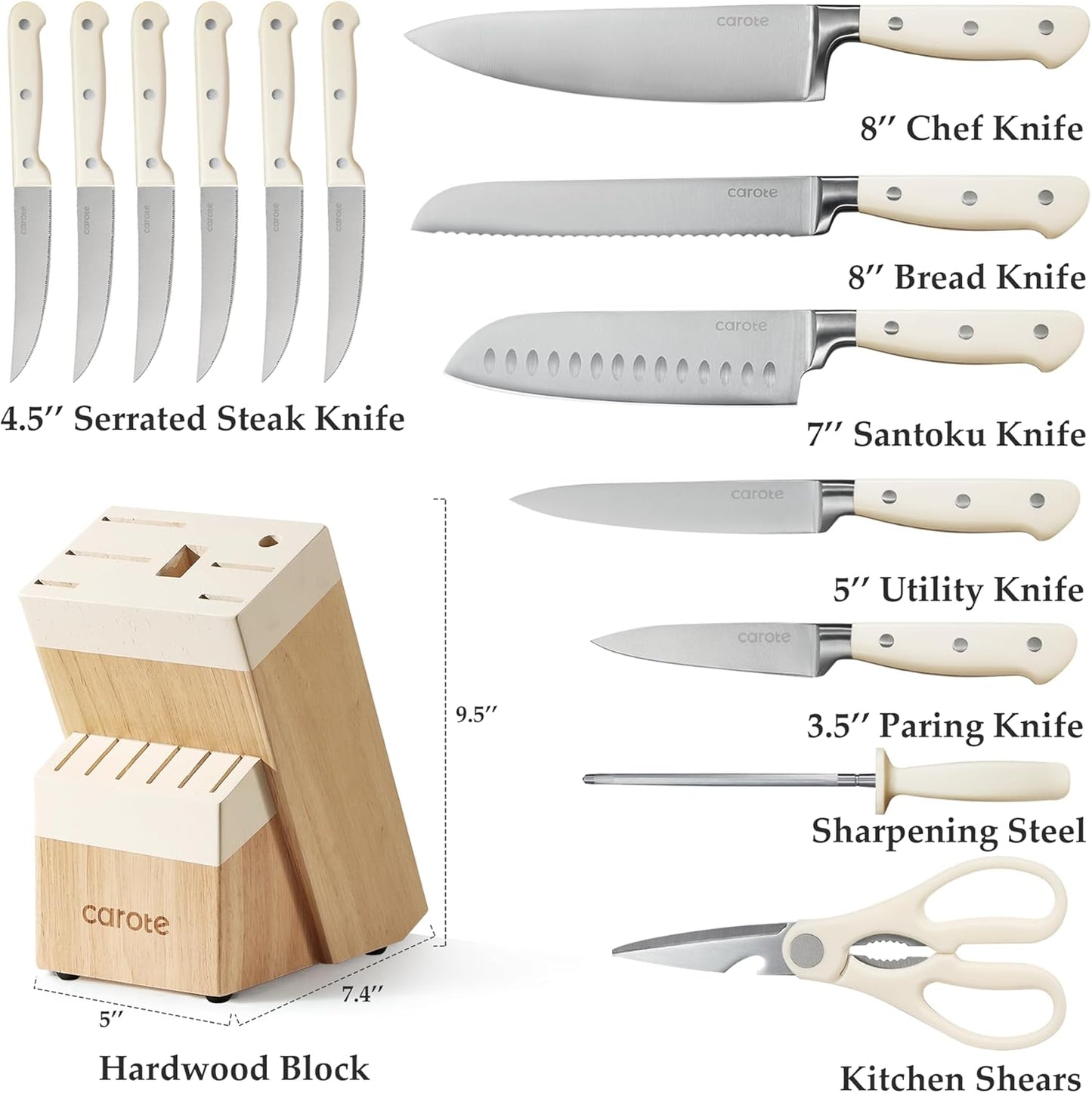 CAROTE 14-Piece Knife Set with Block, Forged, High-Carbon Stainless Steel Sharp Blade Block Knife Set, Dishwasher Safe, Cream Color
