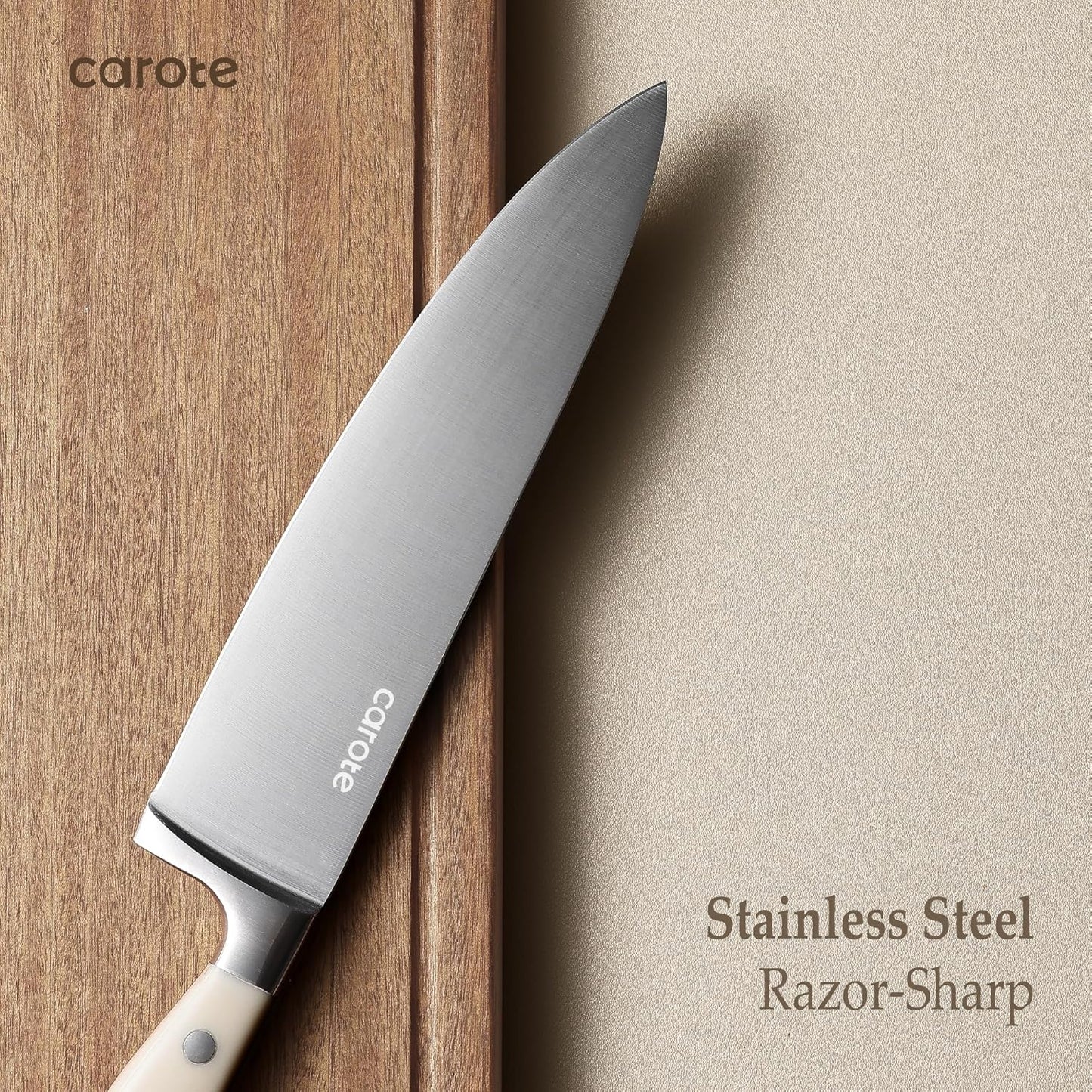 CAROTE 14-Piece Knife Set with Block, Forged, High-Carbon Stainless Steel Sharp Blade Block Knife Set, Dishwasher Safe, Cream Color