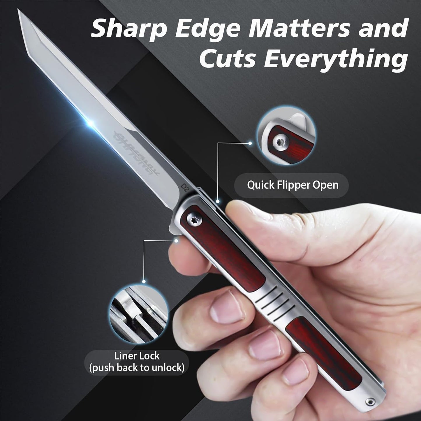 Men's pocket knife, 3.5 inches (approximately 8.9 cm) folding knife with pocket clip, mahogany handle Tantalis, an excellent gift for unisex