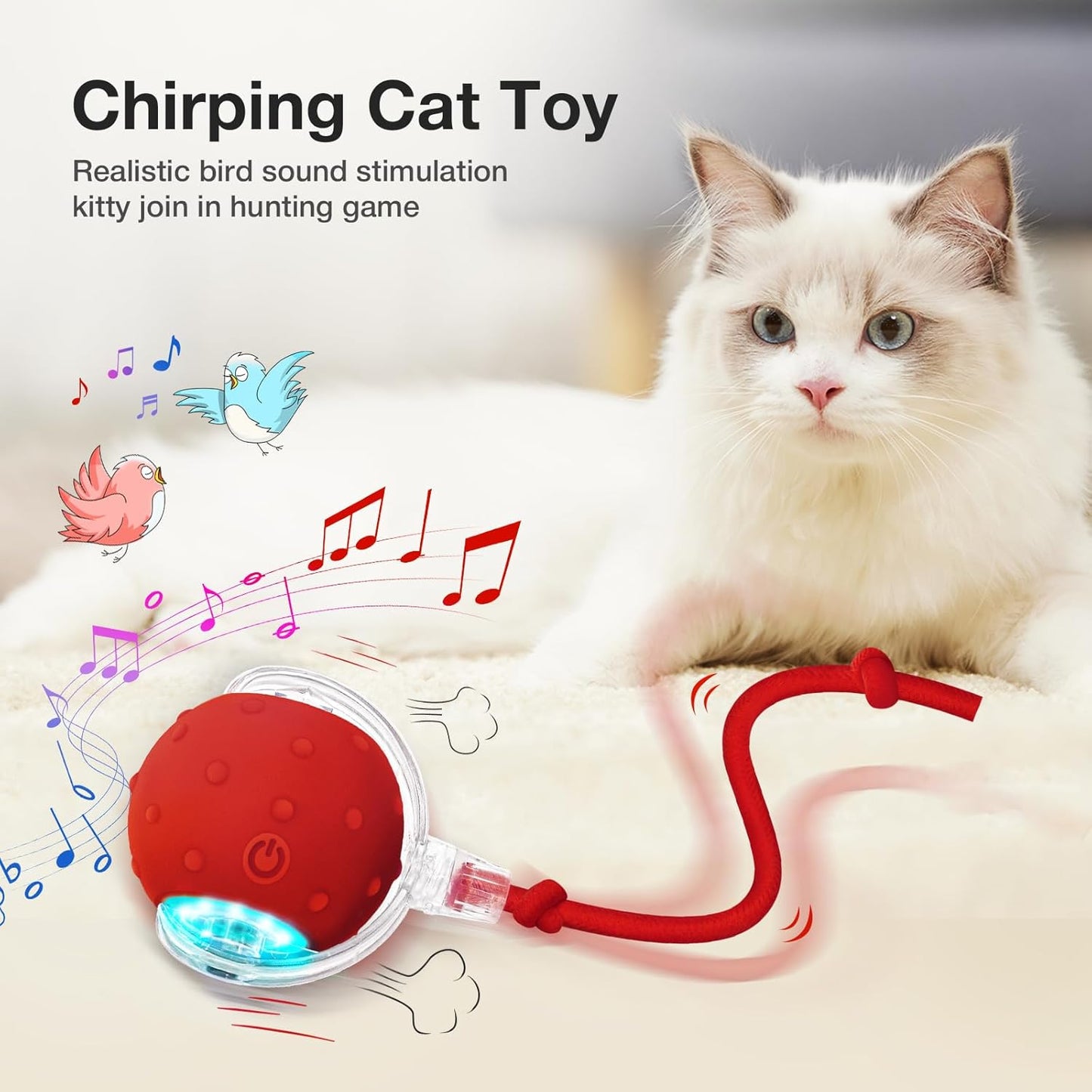 Interactive Cat Toys Ball for Indoor Cats Electric Chirping Bird Fast Moving Rolling Ball on Carpet, Chirping & Motion Activate Kitty Cat Toys (Red)