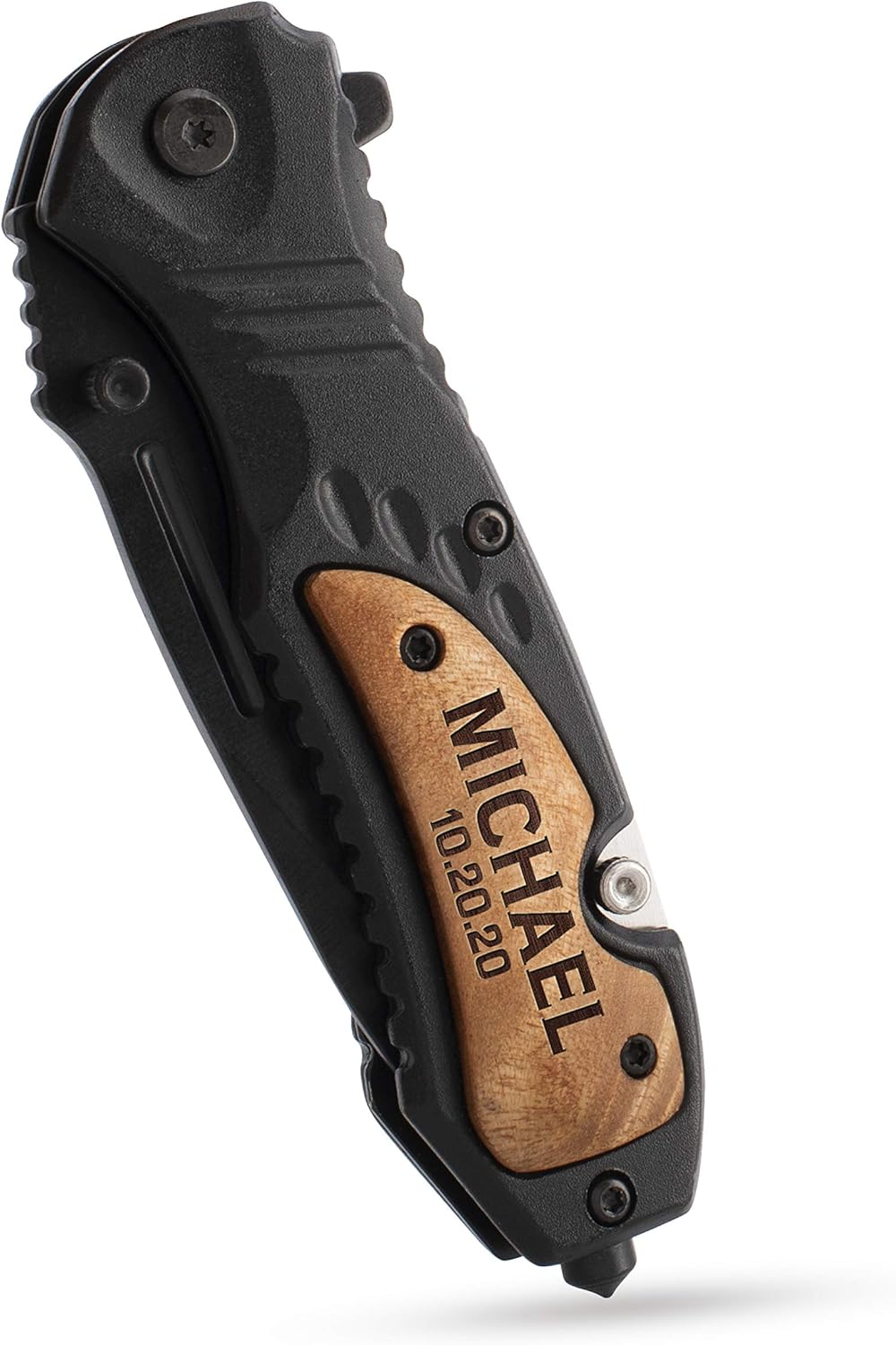 Personalized Pocket Knife For Men | 20 Fonts | Black Wood Customized Folding Stainless Steel Knife with Text, Personalized Gifts for Men, Dad Gifts from Daughter and Son, Camping Knives Gifts