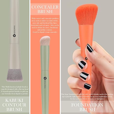 KINGMAS 3Pcs Foundation Brush Contour Concealer Brush Set, Under Eye & Blusher Brush Kabuki Makeup Brushes for Face Blush Bronzer Travel Buffing Stippling Contour Powder Liquid Blending Makeup Brush