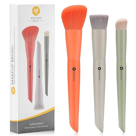 KINGMAS 3Pcs Foundation Brush Contour Concealer Brush Set, Under Eye & Blusher Brush Kabuki Makeup Brushes for Face Blush Bronzer Travel Buffing Stippling Contour Powder Liquid Blending Makeup Brush