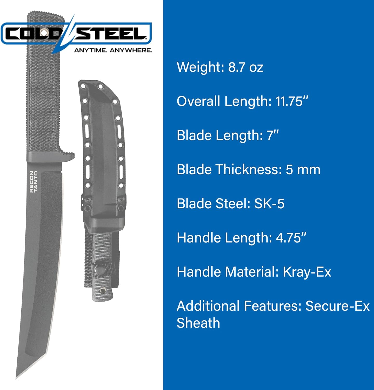 COLD STEEL Recon Tanto 7-inch SK-5 Sharp Blade 4.75-inch Kray-Ex Handle Military Tactical Fixed Blade Blade with Safety Sheath