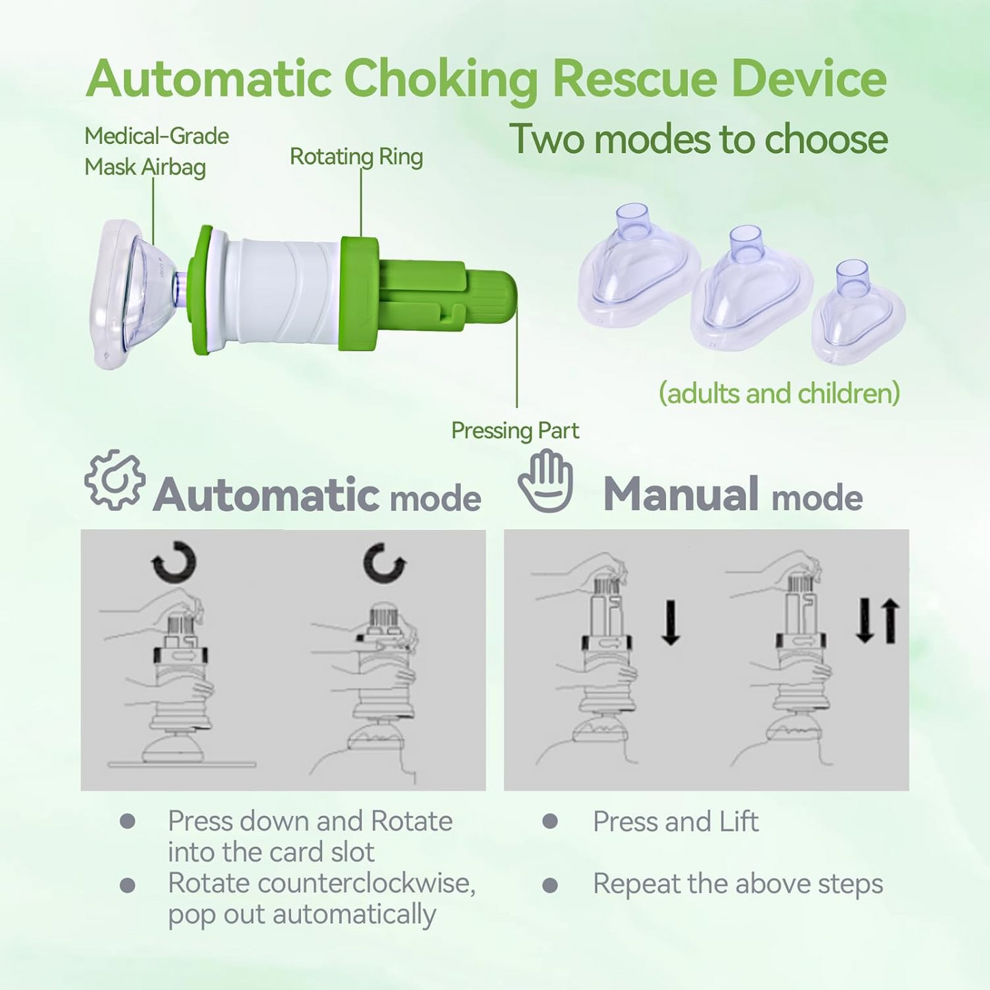 FSA HSA Automatic Choking Rescue Device for Kids and Adults with 3 Masks, Portable Dechoker Anti Choking Device，Strong Suction Home Emergency Kit，First Aid Airway Assist Device