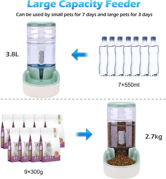 Automatic Dog Cat Feeder and Water Dispenser Gravity Food Feeder and Waterer Set with Pet Food Bowl for Small Medium Dog Puppy Kitten, Large Capacity 1 Gallon x 2