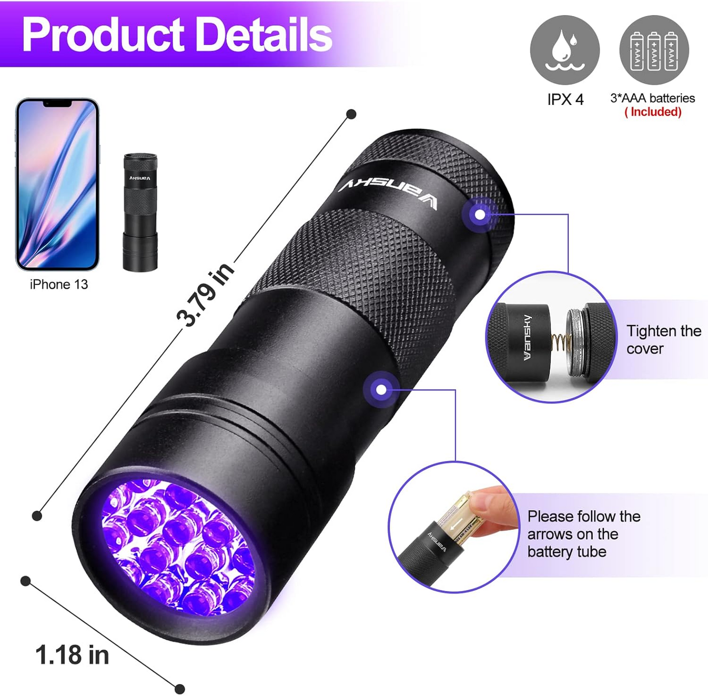 Black Light UV Flashlight Blacklight 12 LED Urine Detector for Dog/Cat/Pet Urine & Dry Stains and Bed Bug On Carpets/Rugs/Floor,Matching with Pet Odor Eliminator