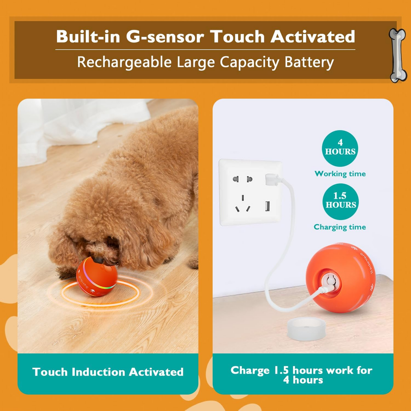 Interactive Dog Toys Dog Ball,[2025 Newly Upgraded] Durable Motion Activated Automatic Rolling Ball Toys for/Small/Medium/Large Dogs,USB Rechargeable (Orange)