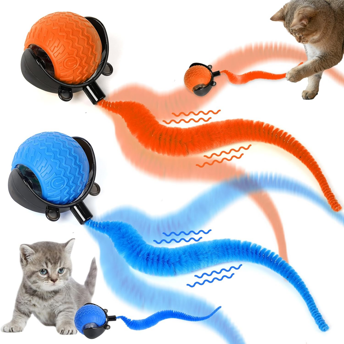 2pcs Interactive Cat Ball Toy, 2025 New Cat Ball Toys with Cord Imitation Mouse, Automatic Moving Peppy Pet Ball, Smart Self Rolling Cat Toys for Bored Indoor Adult Cats(Blue+Orange)