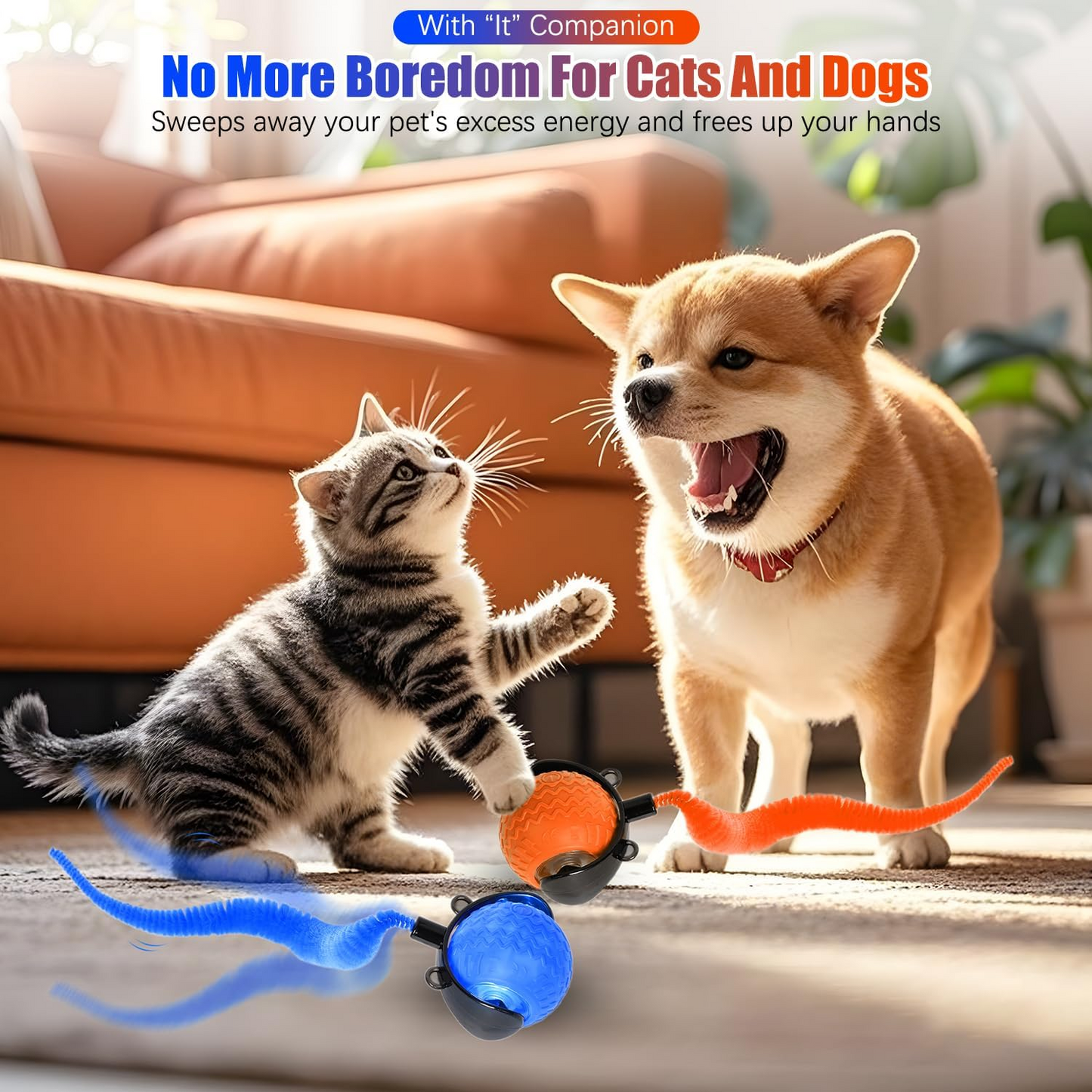 2pcs Interactive Cat Ball Toy, 2025 New Cat Ball Toys with Cord Imitation Mouse, Automatic Moving Peppy Pet Ball, Smart Self Rolling Cat Toys for Bored Indoor Adult Cats(Blue+Orange)