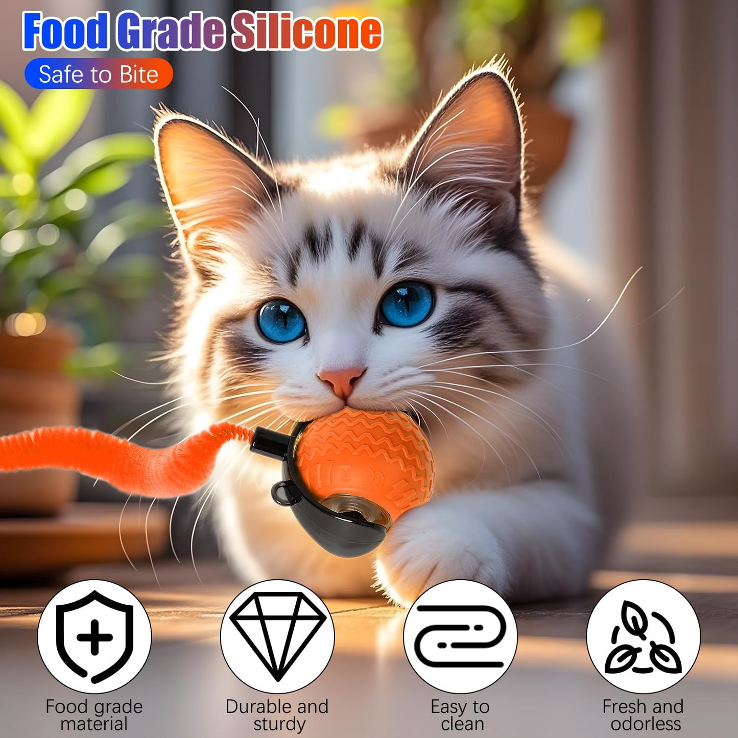 2pcs Interactive Cat Ball Toy, 2025 New Cat Ball Toys with Cord Imitation Mouse, Automatic Moving Peppy Pet Ball, Smart Self Rolling Cat Toys for Bored Indoor Adult Cats(Blue+Orange)