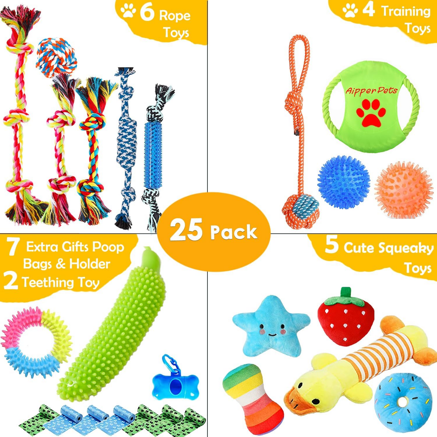 Dog Puppy Toys 25 Pack,Puppy Chew Toys for Fun and Teeth Cleaning,Dog Squeak Plush Toys, Squeaky Toy Balls, Tug of War Toys, Puppy Teething Toys, Dog Rope Toys Pack for Puppy to Small Dogs