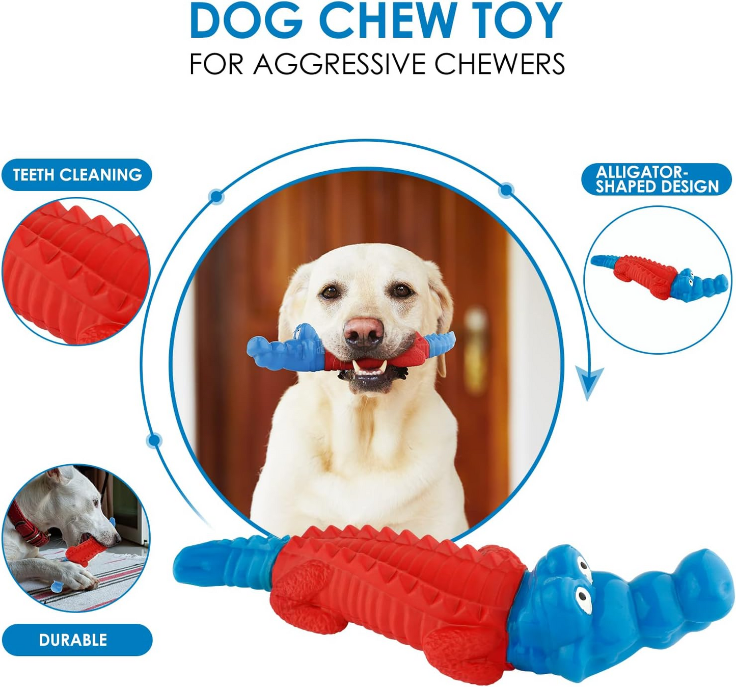 Petizer Indestructible Dog Toys - Non Squeak, Aggressive Chewer Toys for Small/Medium/Large Dogs, Red and Blue Alligator