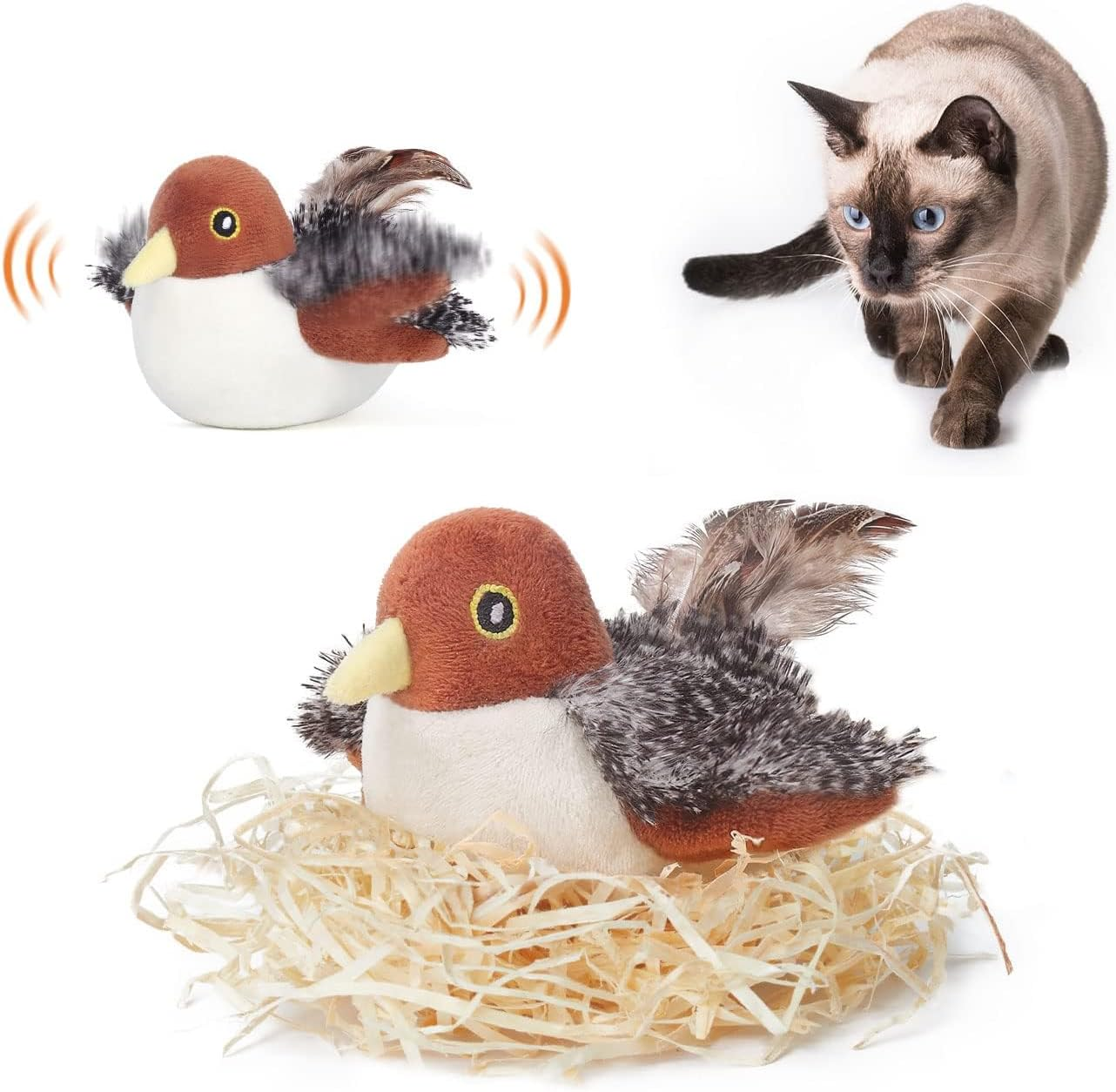 Potaroma Cat Toys Rechargeable Flapping Bird Sparrow, Lifelike Chirp Tweet, Touch Activated Kitten Toy Interactive Cat Exercise Toys for All Breeds Cat Kicker Catnip Toys 4.0 Inches