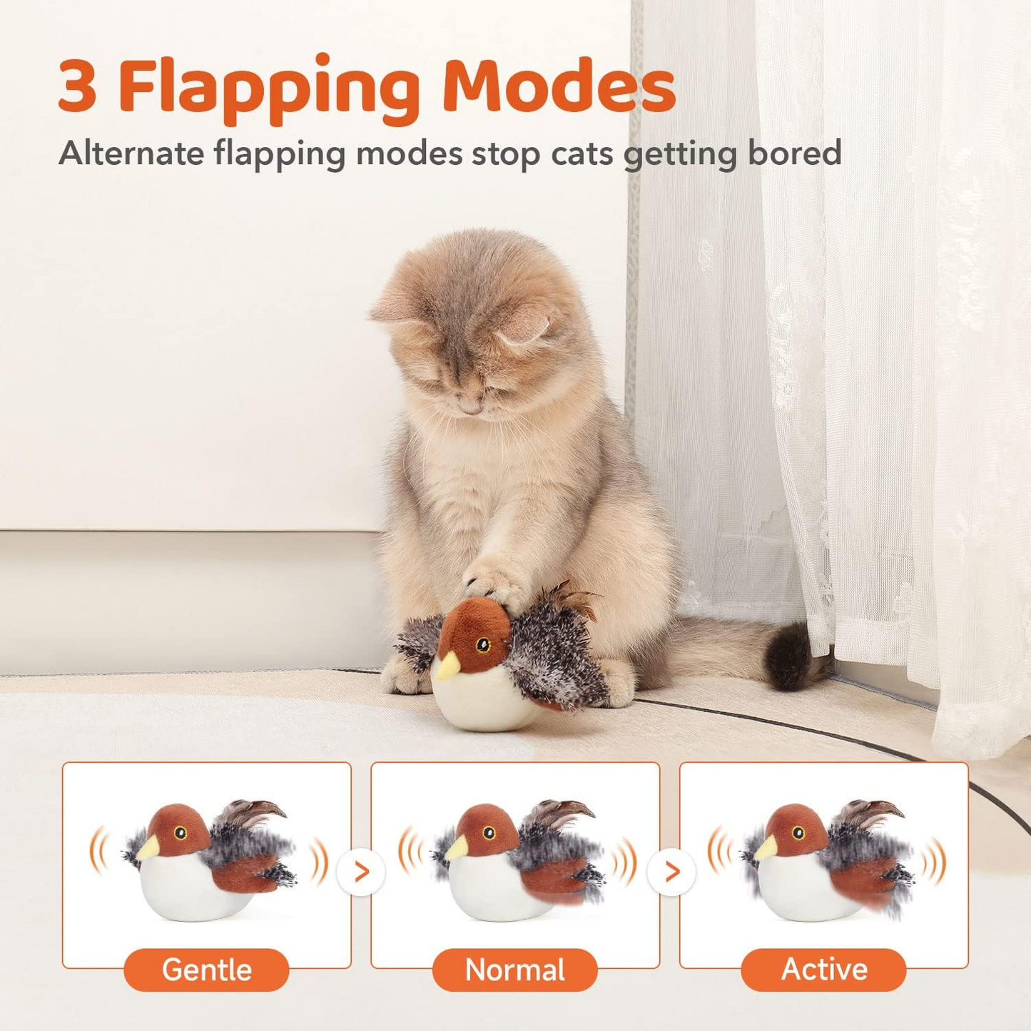 Potaroma Cat Toys Rechargeable Flapping Bird Sparrow, Lifelike Chirp Tweet, Touch Activated Kitten Toy Interactive Cat Exercise Toys for All Breeds Cat Kicker Catnip Toys 4.0 Inches