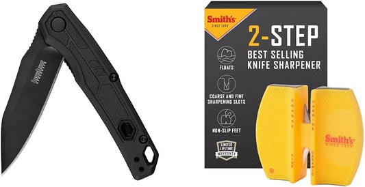 Kershaw 2.75-inch (approx. 7 cm) Tactical Pocket Knife Set with Smith's 2-Step Knife Sharpener, suitable for rounded-tip knives, pocket knives and hunting knives.