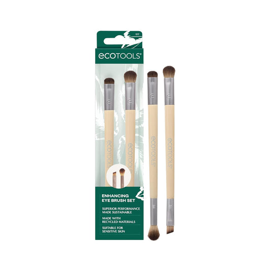 EcoTools Enhanced Eyeshadow Brush Set, suitable for liquid, cream and powder eyeshadows and liquid eyeliners. It is double-sided and eco-friendly, with synthetic bristles that are non-irritating. 2-piece set.