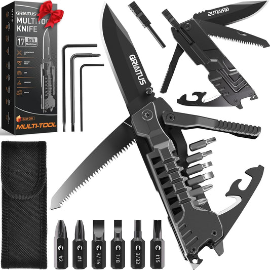 Multifunctional Utility Knife. 17-in-1, including fire starter, bottle opener, screwdriver bottle opener, whistle, window breaker, etc. - Ideal for camping, outdoor activities, survival situations and daily use. A great gift for men and dads.