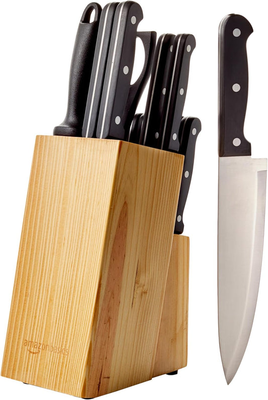 Amazon Basics 14-Piece High-Carbon Stainless Steel Kitchen Knife Set with Sharpener and Pine Wood Block, Black