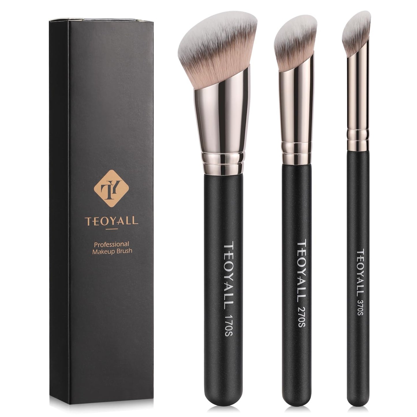 TEOYALL Foundation, Contour and Concealer Brush Set, 3-piece Angled Synthetic Kabuki Brushes for Blending and Setting, suitable for liquid, cream and powder cosmetics