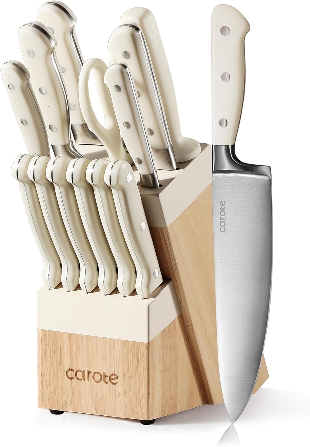 CAROTE 14-Piece Knife Set with Block, Forged, High-Carbon Stainless Steel Sharp Blade Block Knife Set, Dishwasher Safe, Cream Color