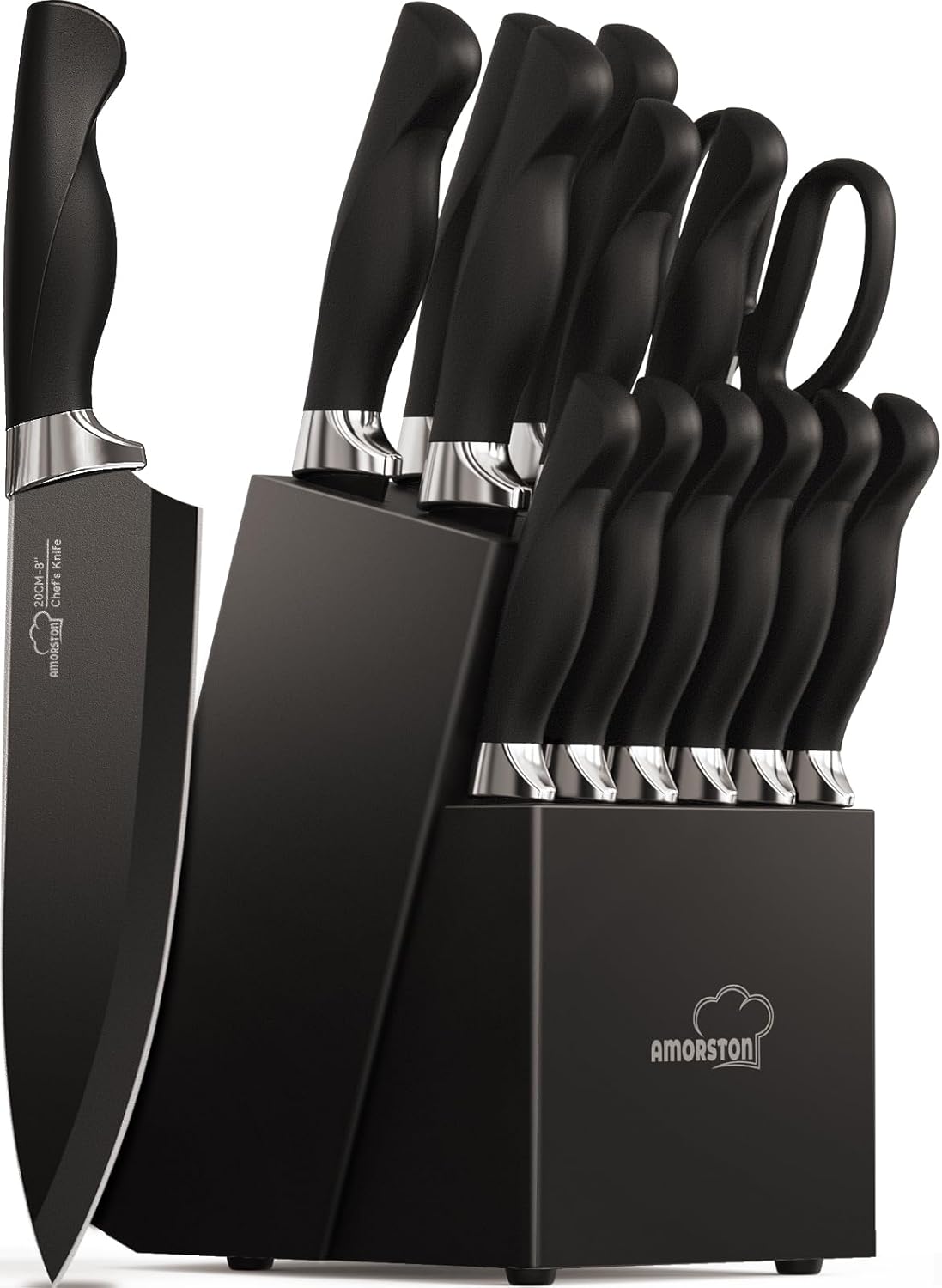 Knife Set, Amorston 15-piece kitchen knife set, with building blocks, kitchen knife set that can be cleaned by dishwasher, built-in sharpener block, German stainless steel knife seat set, black