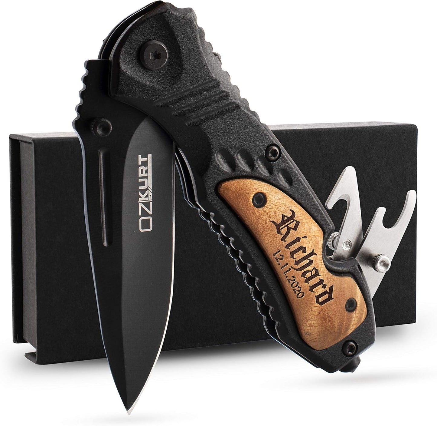 Personalized Pocket Knife For Men | 20 Fonts | Black Wood Customized Folding Stainless Steel Knife with Text, Personalized Gifts for Men, Dad Gifts from Daughter and Son, Camping Knives Gifts