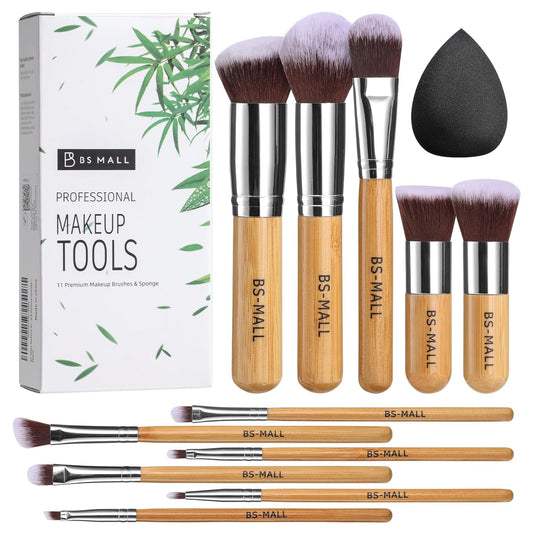 BS-MALL Makeup Brush Set, 11-piece Bamboo Synthetic Kabuki Makeup Brush Set. It includes foundation, powder, blending, concealer, eyeshadow, and blush makeup brushes, and comes with a storage bag and a makeup sponge.