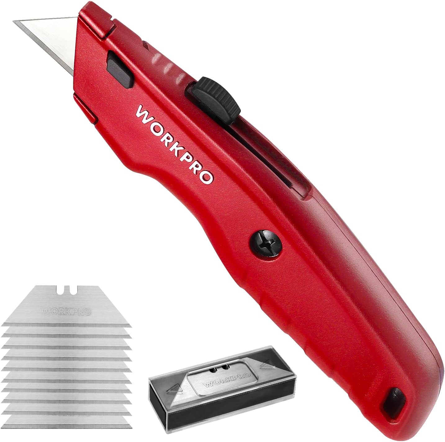 WORKPRO Premium Utility Knife, a Retractable All-Metal Heavy-Duty Cutter, a Quick-Change Blade Box Cutter, Comes with 10 Extra Blades