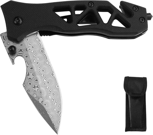 XIPHIAS Cool Folding Pocket Knife with Glass Breaker, Bottle Opener and Rope Cutter, Birthday Father's Day (Damascus)