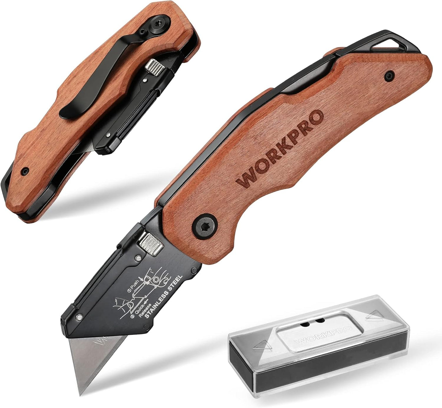 WORKPRO Folding Practical Knife with Stainless Steel Head, Quick Replacement of Blades and Rear Lock, Wooden Handle Heavy Duty Box Knife, 1 Razor Knife with 10 additional SK5 Blades