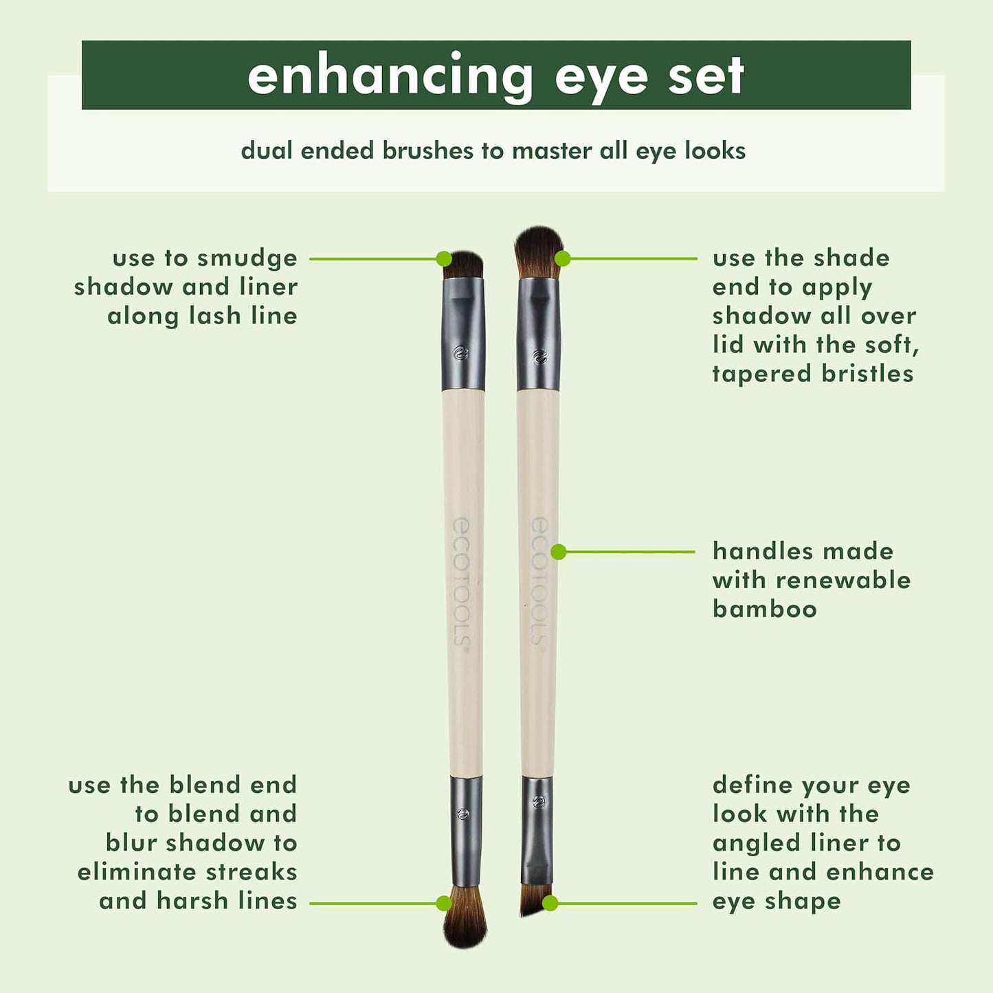 EcoTools Enhanced Eyeshadow Brush Set, suitable for liquid, cream and powder eyeshadows and liquid eyeliners. It is double-sided and eco-friendly, with synthetic bristles that are non-irritating. 2-piece set.