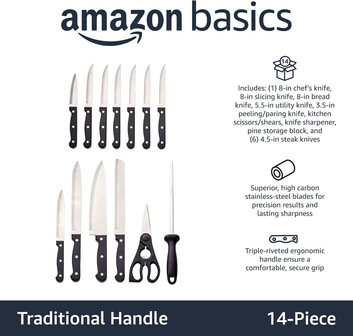 Amazon Basics 14-Piece High-Carbon Stainless Steel Kitchen Knife Set with Sharpener and Pine Wood Block, Black