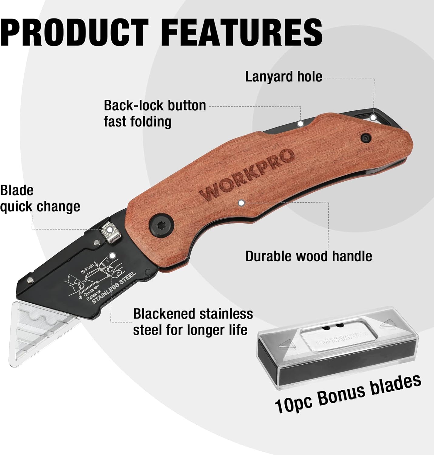 WORKPRO Folding Practical Knife with Stainless Steel Head, Quick Replacement of Blades and Rear Lock, Wooden Handle Heavy Duty Box Knife, 1 Razor Knife with 10 additional SK5 Blades