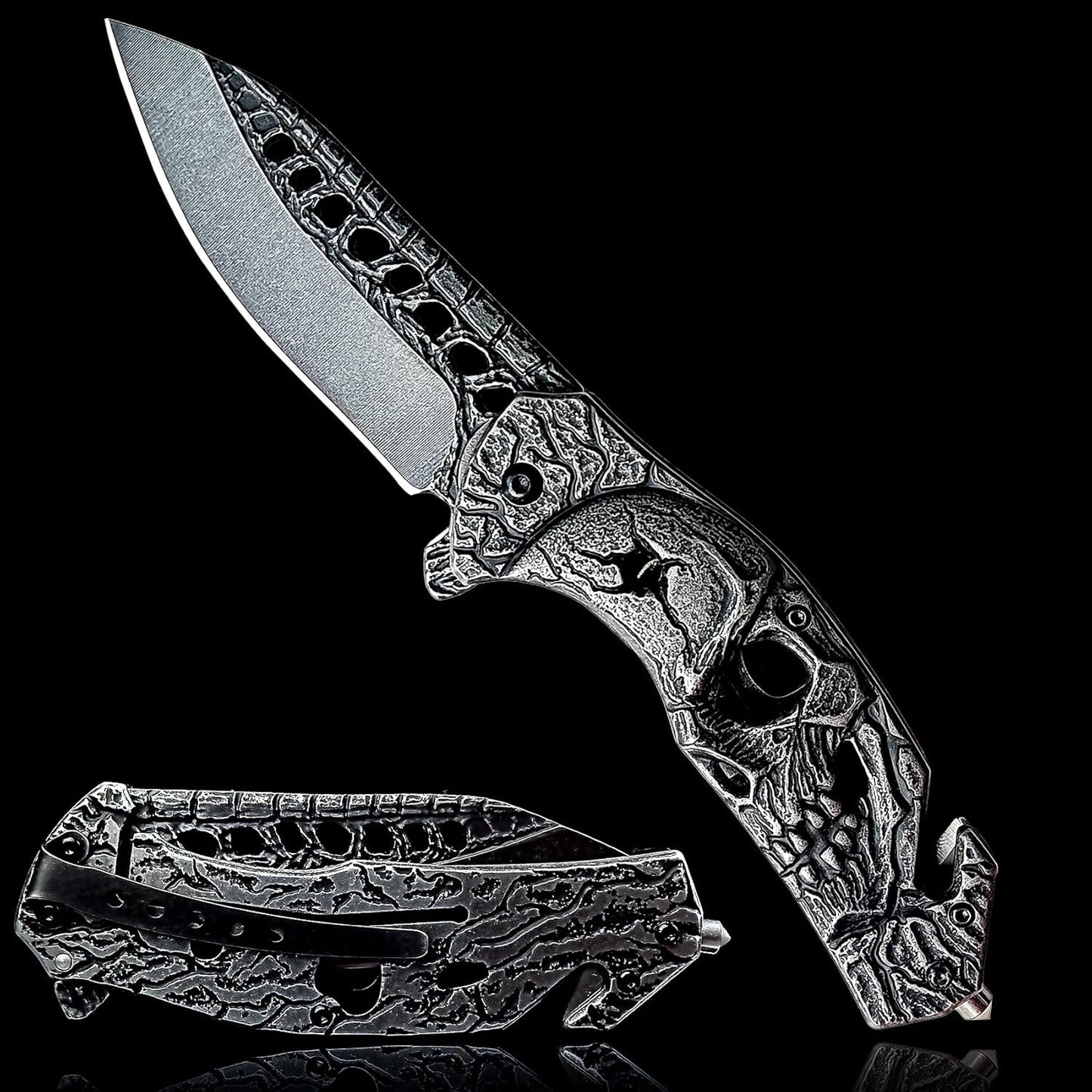 Pocket Knife, Cool SKULL Pocket Folding Knife with Seatbelt cutter & Window Breaker, Great festival Christmas Gift EDC knife For Men Outdoor Survival Camping (Stone-wash)