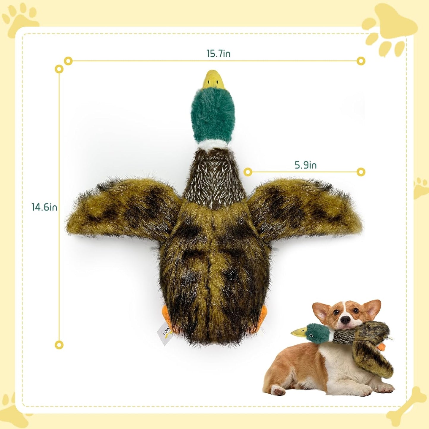 Upgraded Duck Dog Toy -15.7inches, Dog Toy for Small, Medium, and Large Breeds- Squeaker and Crinkle Paper Plush Mallard Duck Dog Toy