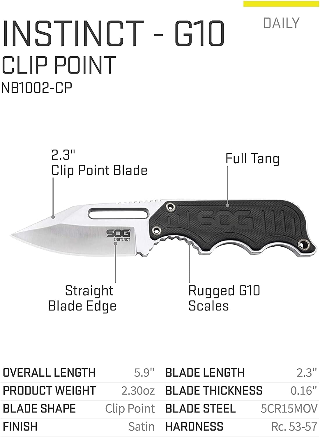 SOG Small Fixed Blade Knife - Instinct Boot Knife, EDC Knife, Neck Knife. It has a 2.3-inch (approx. 5.8 cm) full tang blade and comes with a knife sheath and a clip. The dimensions are 4 inches x 1 inch x 8.5 inches.