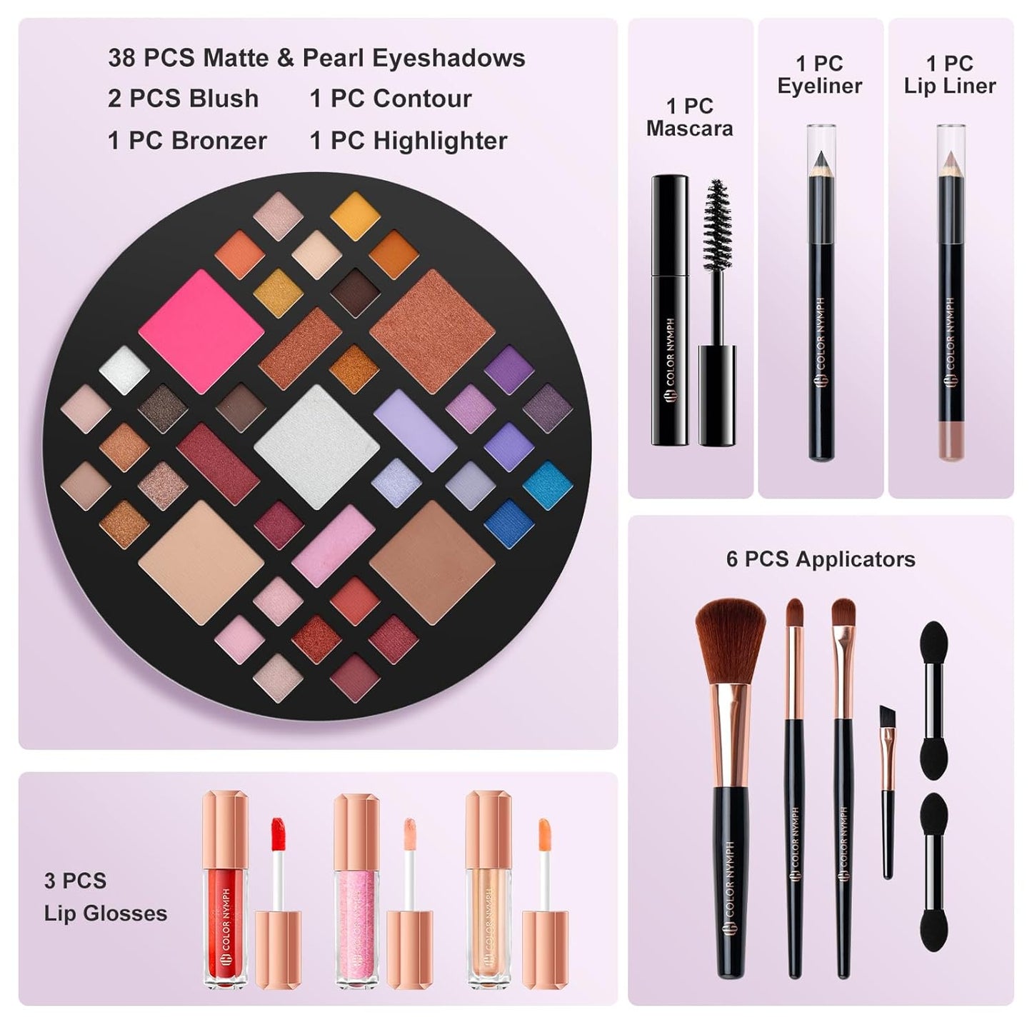 Color Nymph Starter Makeup Kits for Teens Girls With Reusable Case, Beginner Makeup Sets for Preteen, Birthday Valentines Day Makeup Gift Including 38-Colors Eyeshadows Lipglosses Brushes (Purple)