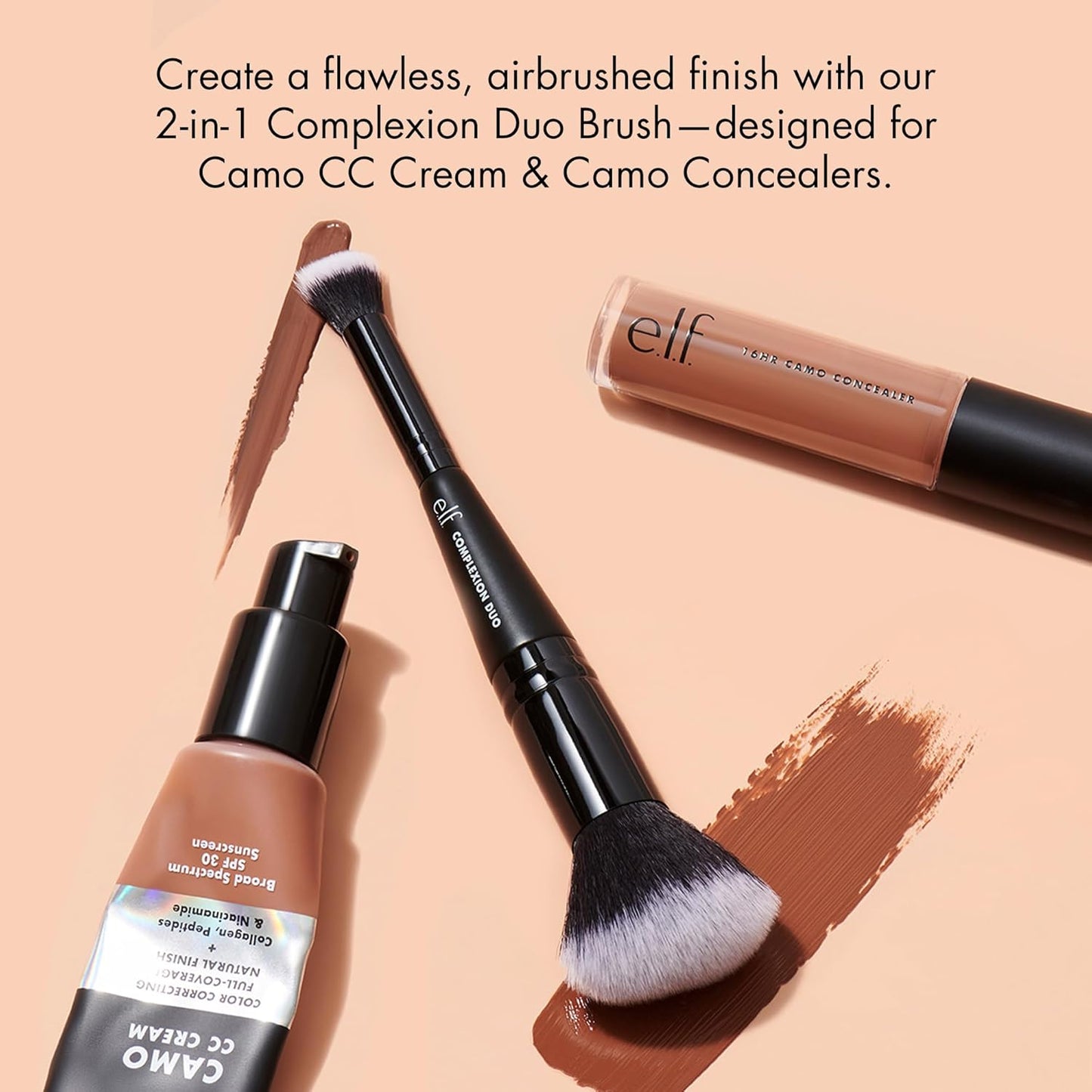 e.l.f. Complexion Duo Makeup Brush, a makeup brush for applying foundation and concealer to create an airbrushed finish, with vegan and non-irritating bristles.