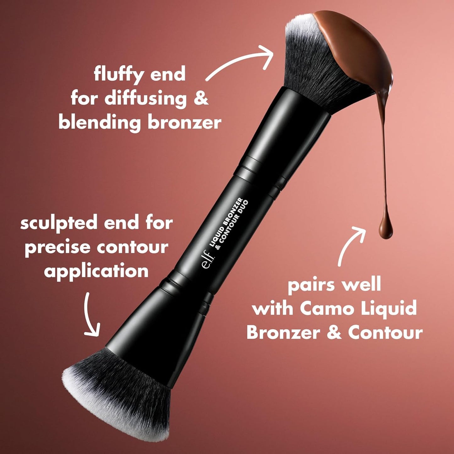 e.l.f. Liquid Bronzer and Contour Dual Brush. With a smooth and highly pigmented formula, it is a double-ended makeup brush featuring synthetic bristles. It is 100% vegan and non-irritating.