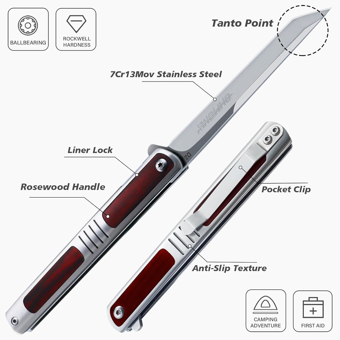 Men's pocket knife, 3.5 inches (approximately 8.9 cm) folding knife with pocket clip, mahogany handle Tantalis, an excellent gift for unisex