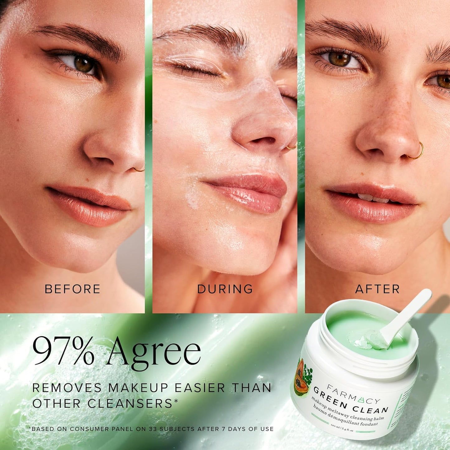 Farmacy Makeup Remover Cleansing Cream - Green Cleansing Waterproof Makeup Remover + Oil-Based Cleanser - Gentle Exfoliating Double Cleanser - Melt from Balm to Milky White Foam