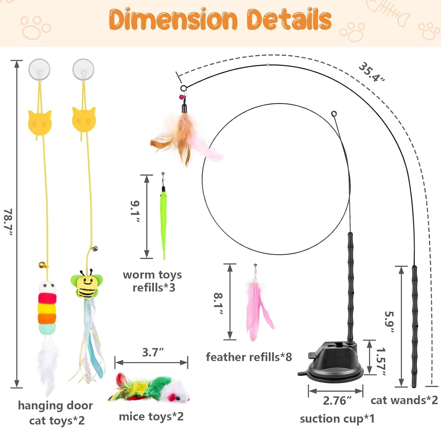 Depets Cat Wand Toy, 15 Pcs Interactive Cat Feather Toys, Cat Teaser Toy for Indoor Cats Self Play, 2 Play Modes Cat Toys Wand, Reusable Suction Cup Cat Toys for Indoor Cats Kittens Play Exercise