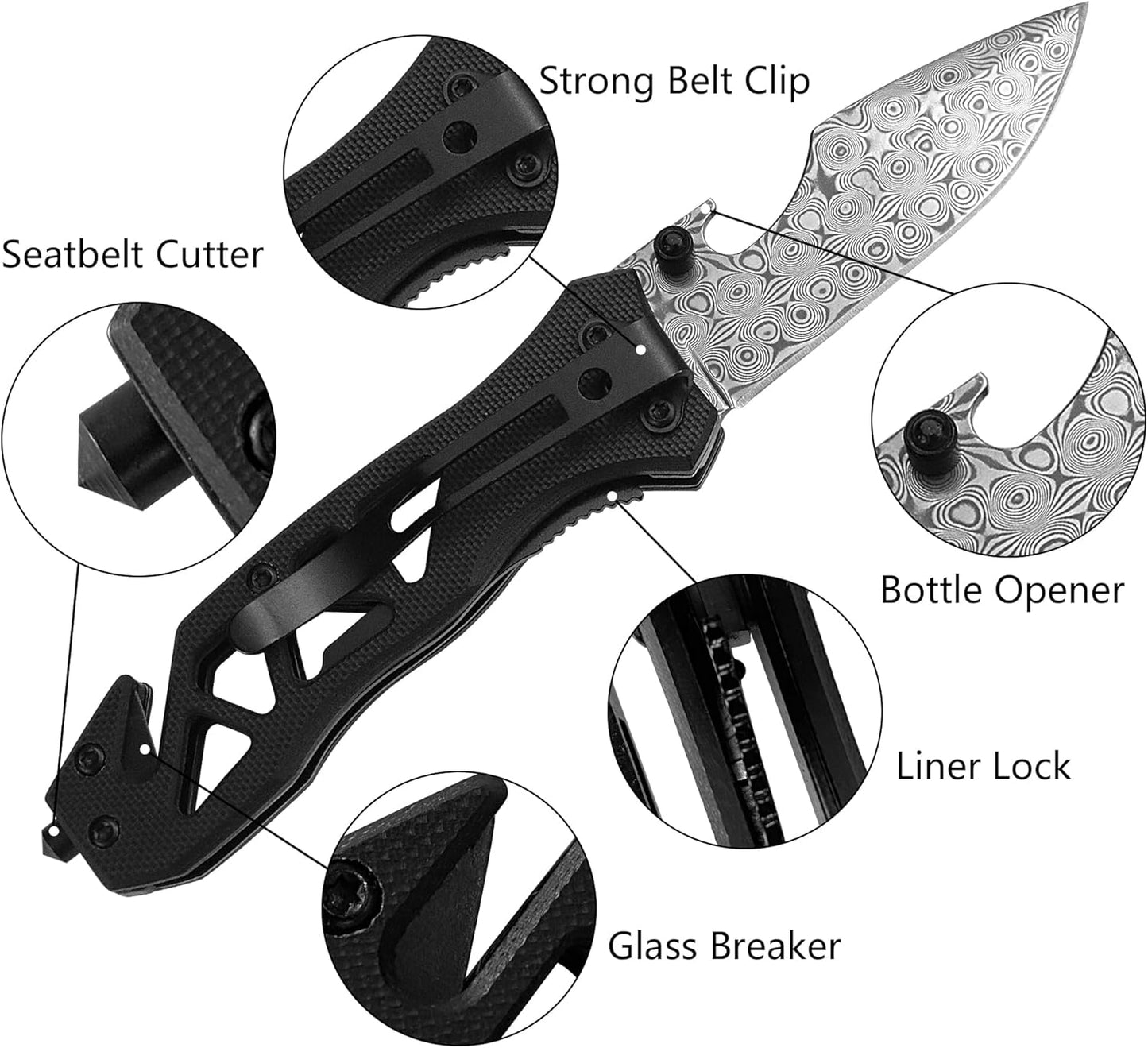 XIPHIAS Cool Folding Pocket Knife with Glass Breaker, Bottle Opener and Rope Cutter, Birthday Father's Day (Damascus)