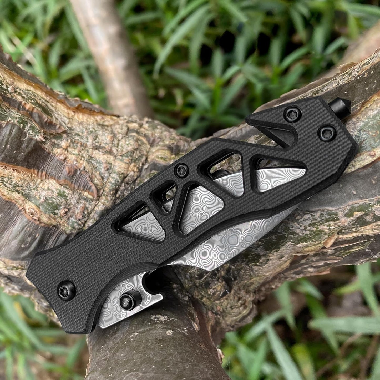 XIPHIAS Cool Folding Pocket Knife with Glass Breaker, Bottle Opener and Rope Cutter, Birthday Father's Day (Damascus)