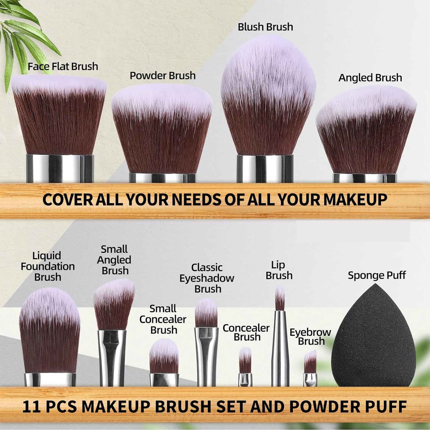 BS-MALL Makeup Brush Set, 11-piece Bamboo Synthetic Kabuki Makeup Brush Set. It includes foundation, powder, blending, concealer, eyeshadow, and blush makeup brushes, and comes with a storage bag and a makeup sponge.