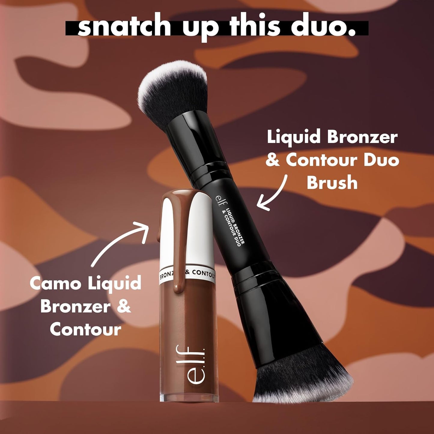 e.l.f. Liquid Bronzer and Contour Dual Brush. With a smooth and highly pigmented formula, it is a double-ended makeup brush featuring synthetic bristles. It is 100% vegan and non-irritating.