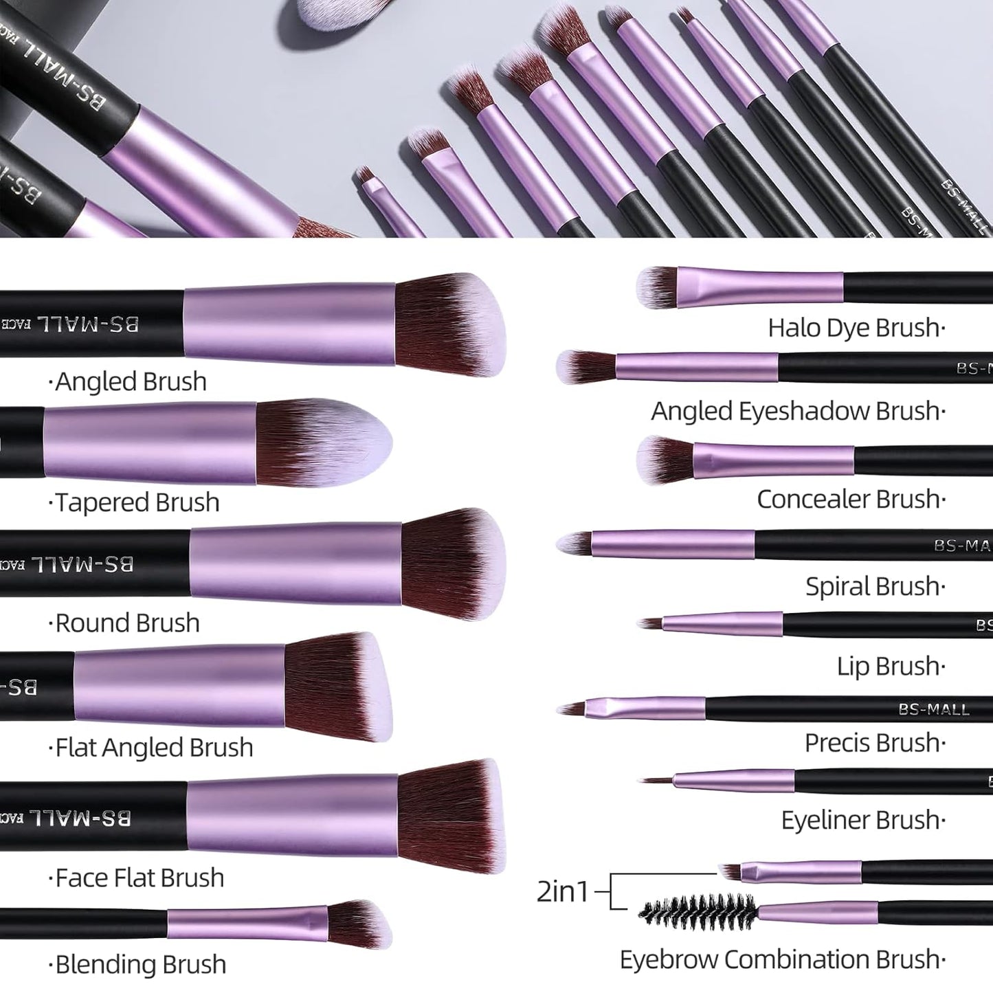 Premium Synthetic Makeup Brushes for Foundation, Powder, Concealer and Eyeshadow, 14 Pieces, in Purple Color